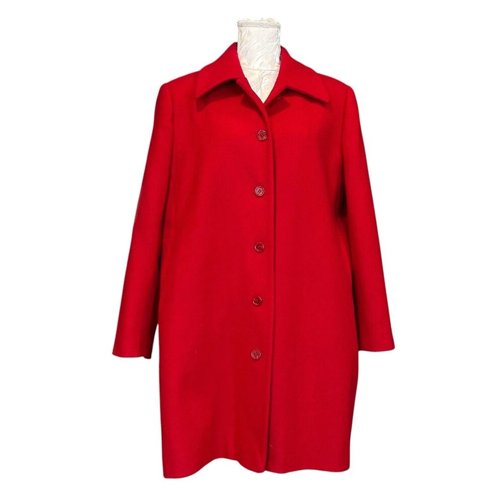 Vintage Y2K Red 100% Wool Longline Button Front Coat Pockets Petite 14P